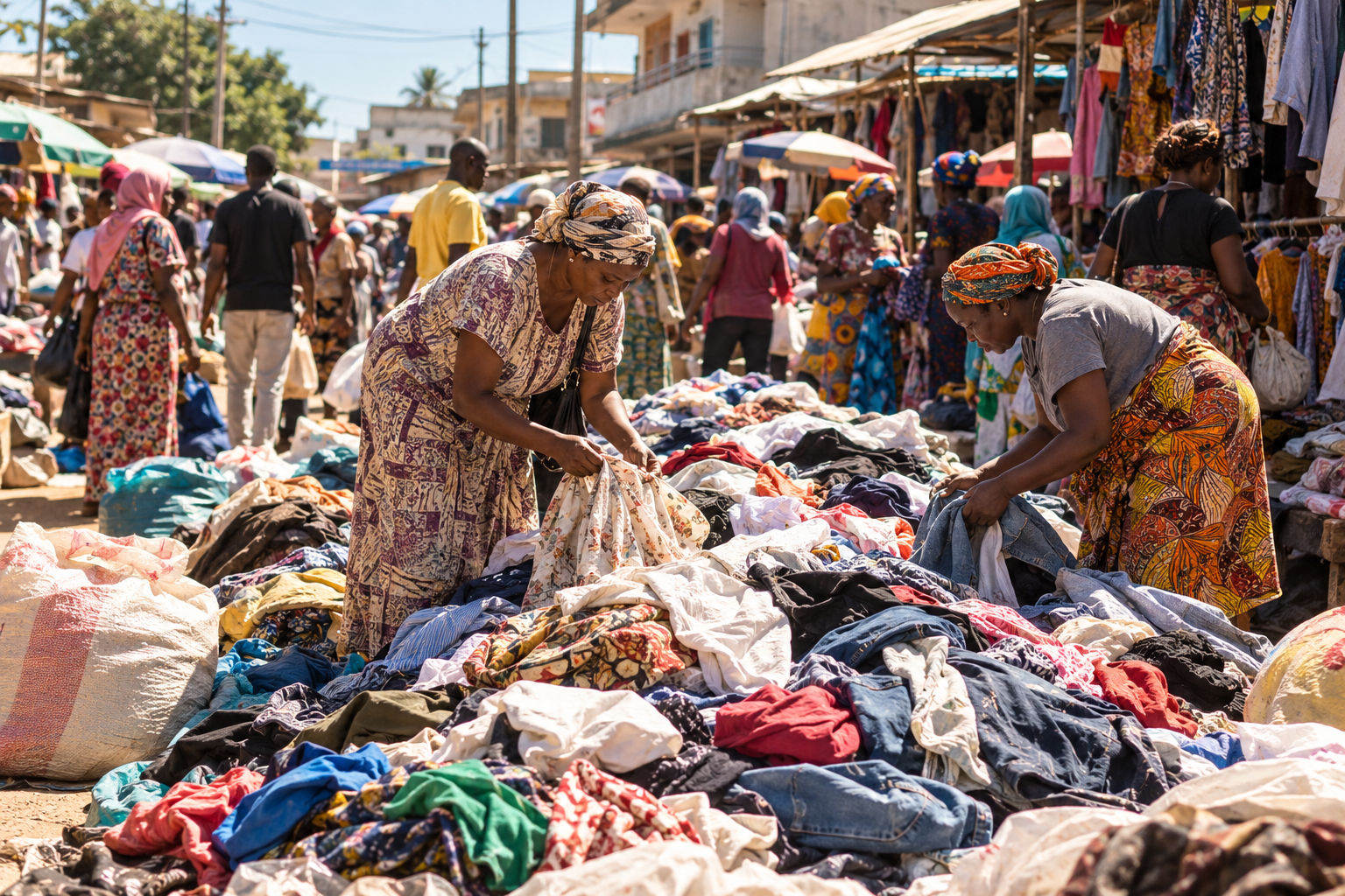 Illustration of second-hand clothing being sorted at a Kenyan market