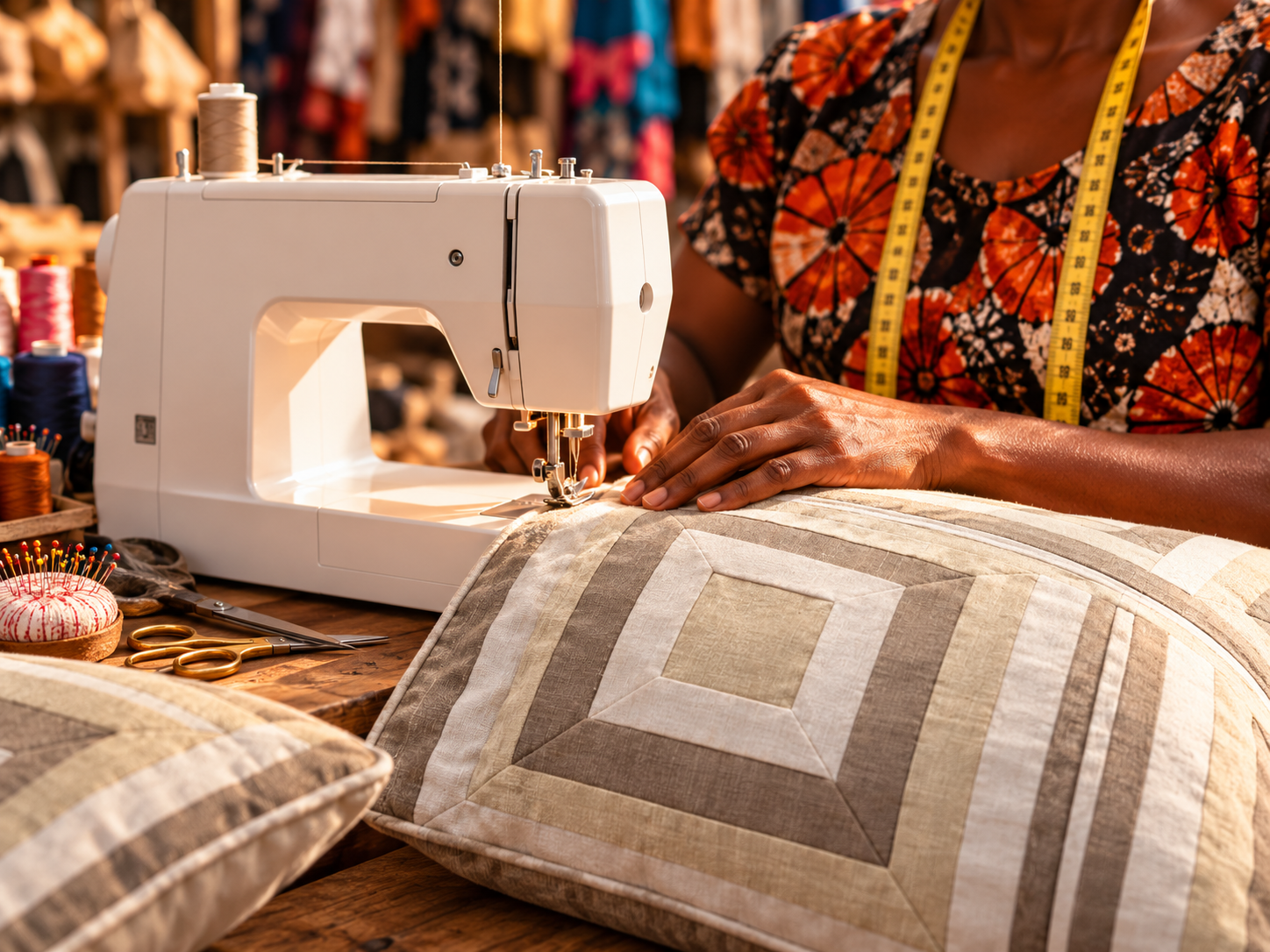 Illustration of an artisan sewing a geometric cushion cover