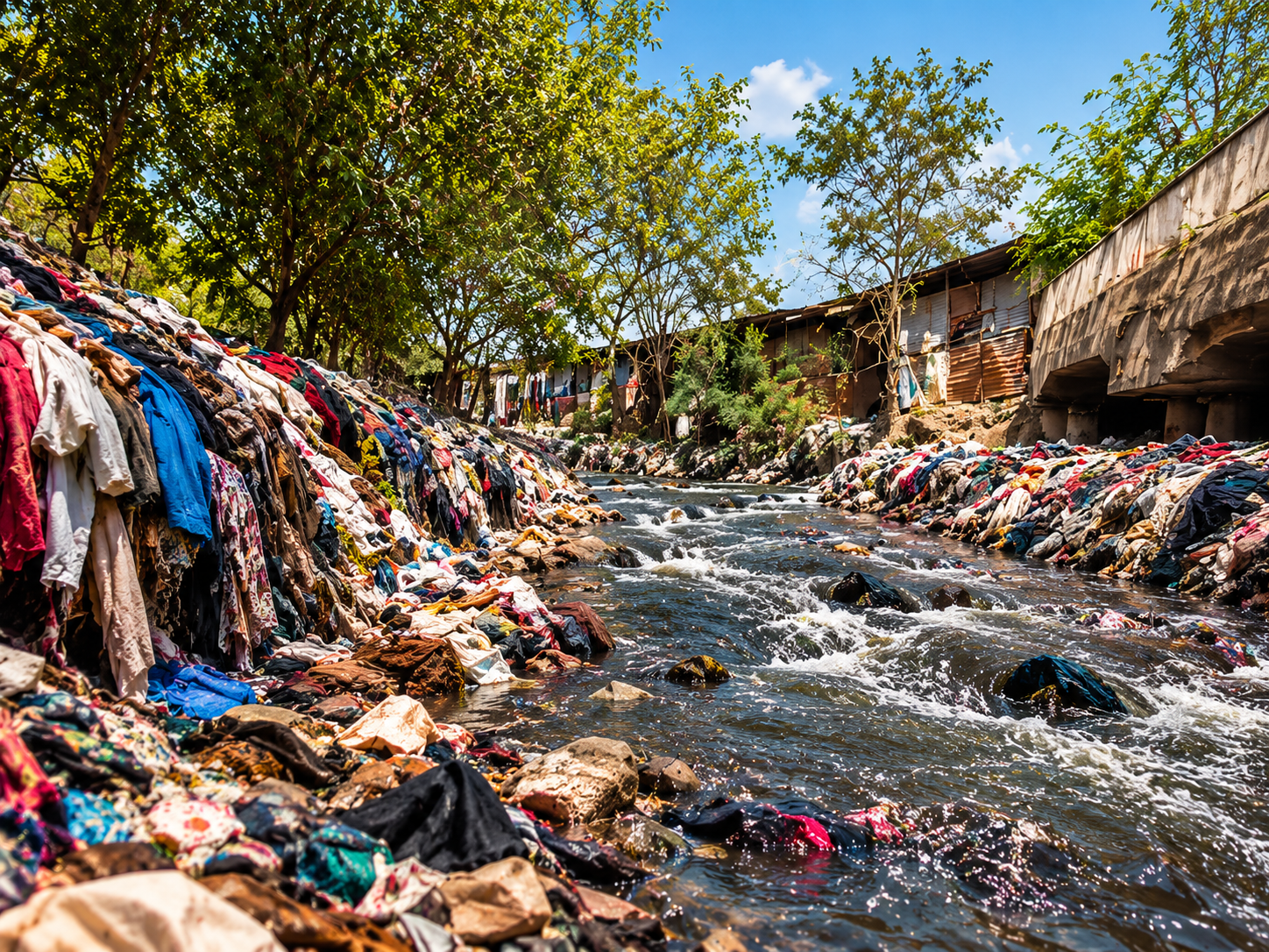 Illustration of discarded textiles along a polluted waterway